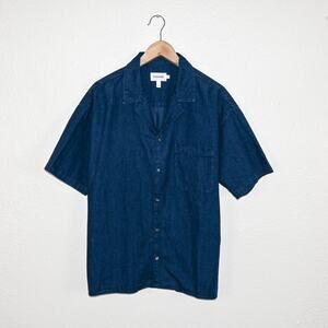 FRAME denim Men's M Cambray Camp Collar Shirt indigo blue cotton linen